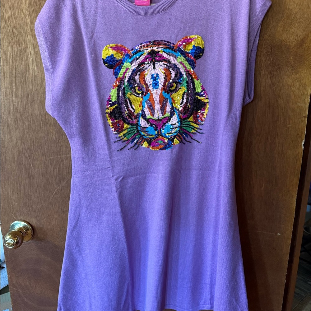 NWOT size Large QUEEN OF SPARKLES Purple Dress with Colorful Tiger Graphic